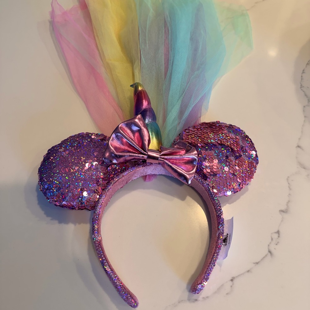 Disney Pink Sequin Unicorn Minnie Ears Headband with Pastel Tulle